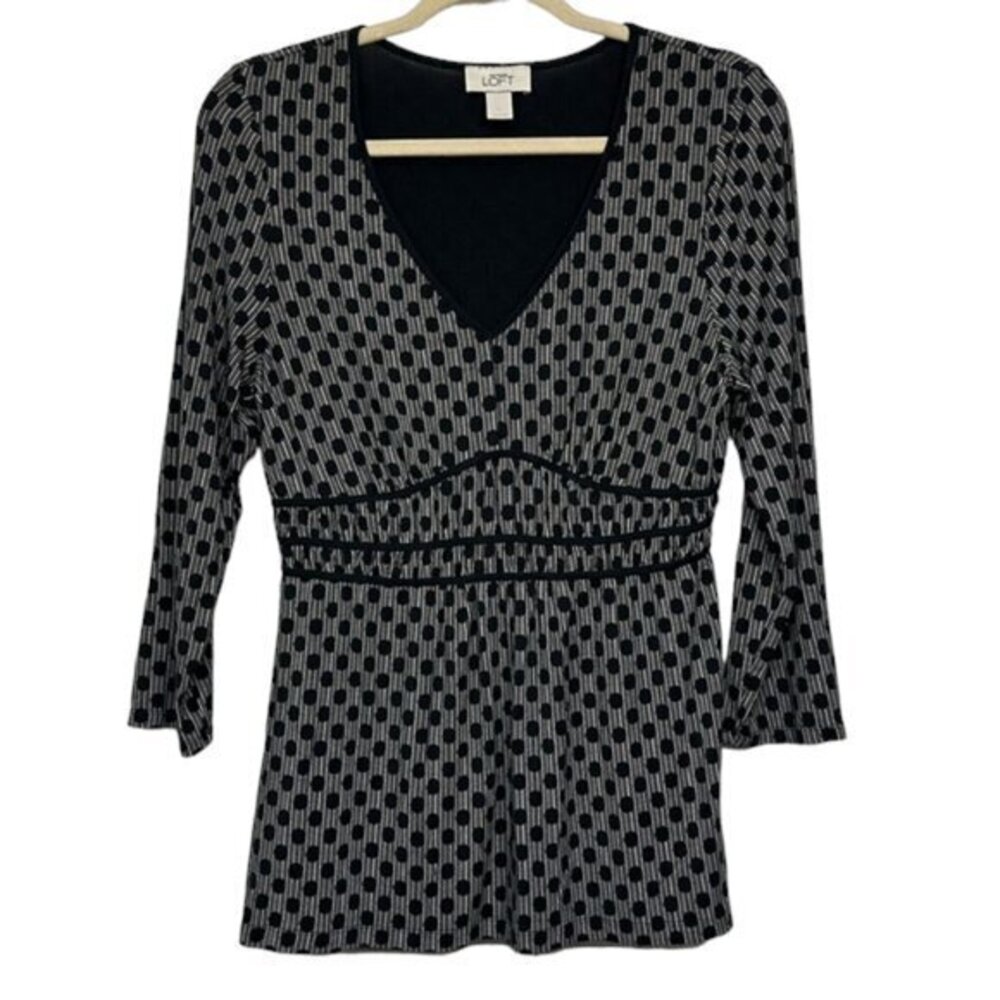 Women's Ann Taylor LOFT 3/4 Sleeve Gray/Blue Polka Dot Ruched Blouse Size Large
